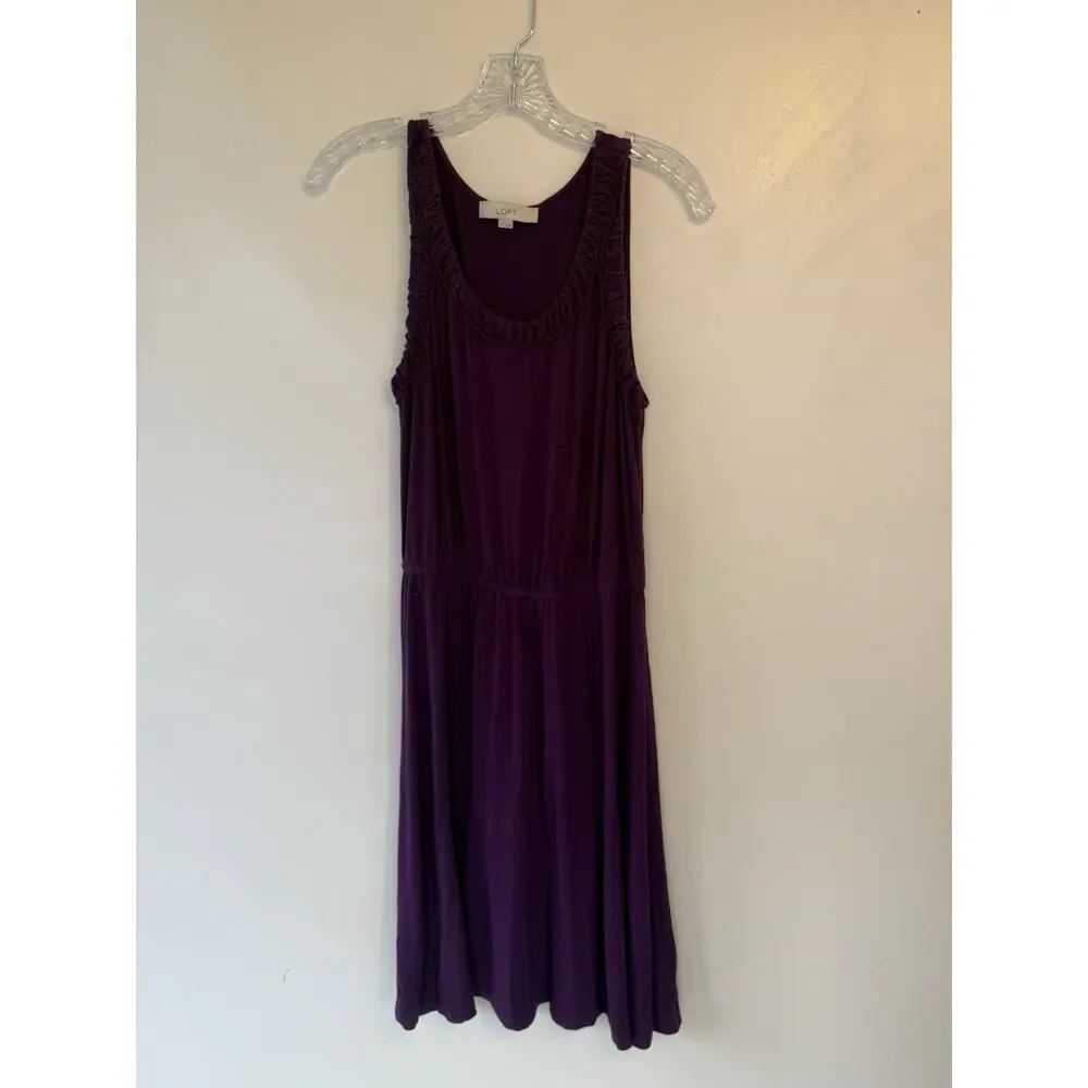 LOFT Purple Ruffle Strappy‎ Sleeveless Scoop Neck Knee Length A-Line Dress M